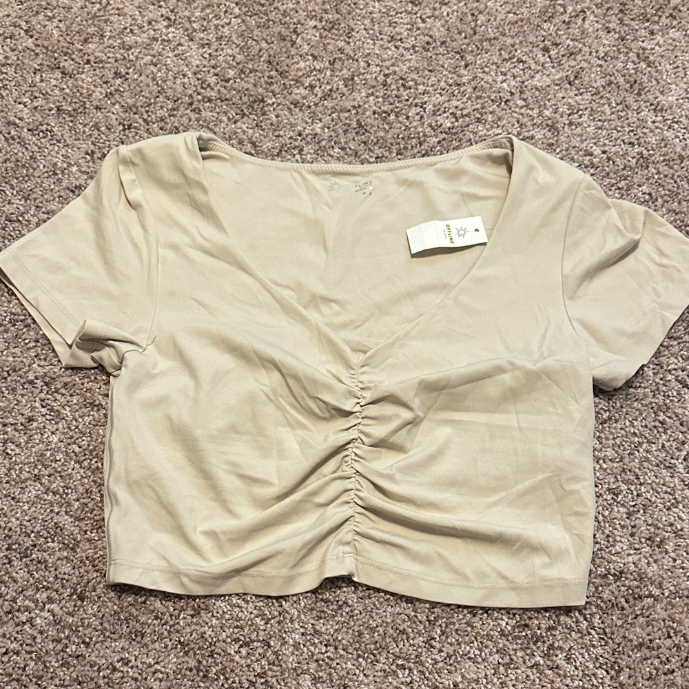 Beige Ruched V-Neck Women's Workout Top